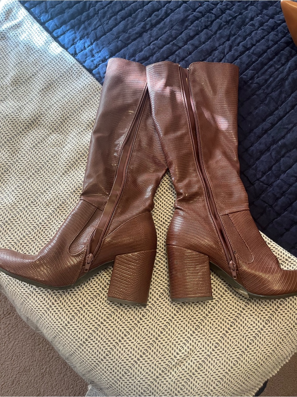 Brown Textured Mid-Calf Block Heel Women's Boots